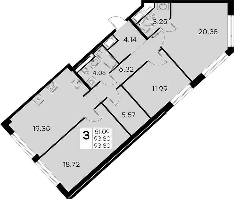 3-комнатная квартира 93.8 м², 4/19 эт., ЖК «GloraX Aura Vasileostrovsky»